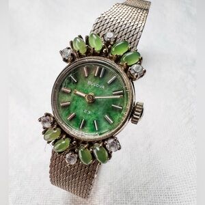 Bulova First Lady Jade 10KT Gold Jade Wrist Watch 1973